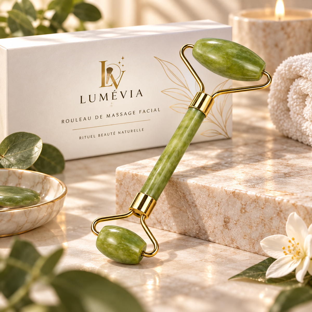Roller Visage en Pierre de Jade Double Embout – Massage Facial & Rituel Beauté | Lumévia