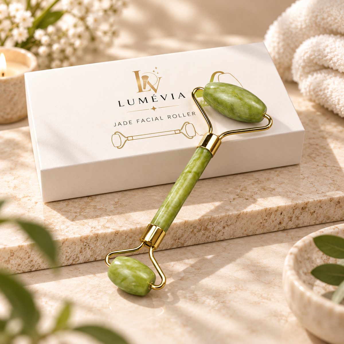 Roller Visage en Pierre de Jade Double Embout – Massage Facial & Rituel Beauté | Lumévia