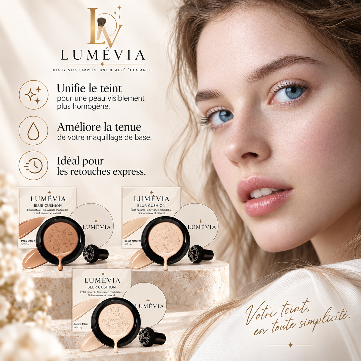 Fond de Teint Cushion Lumineux – Couvrance Modulable & Teint Unifié | Blur Cushion Lumévia